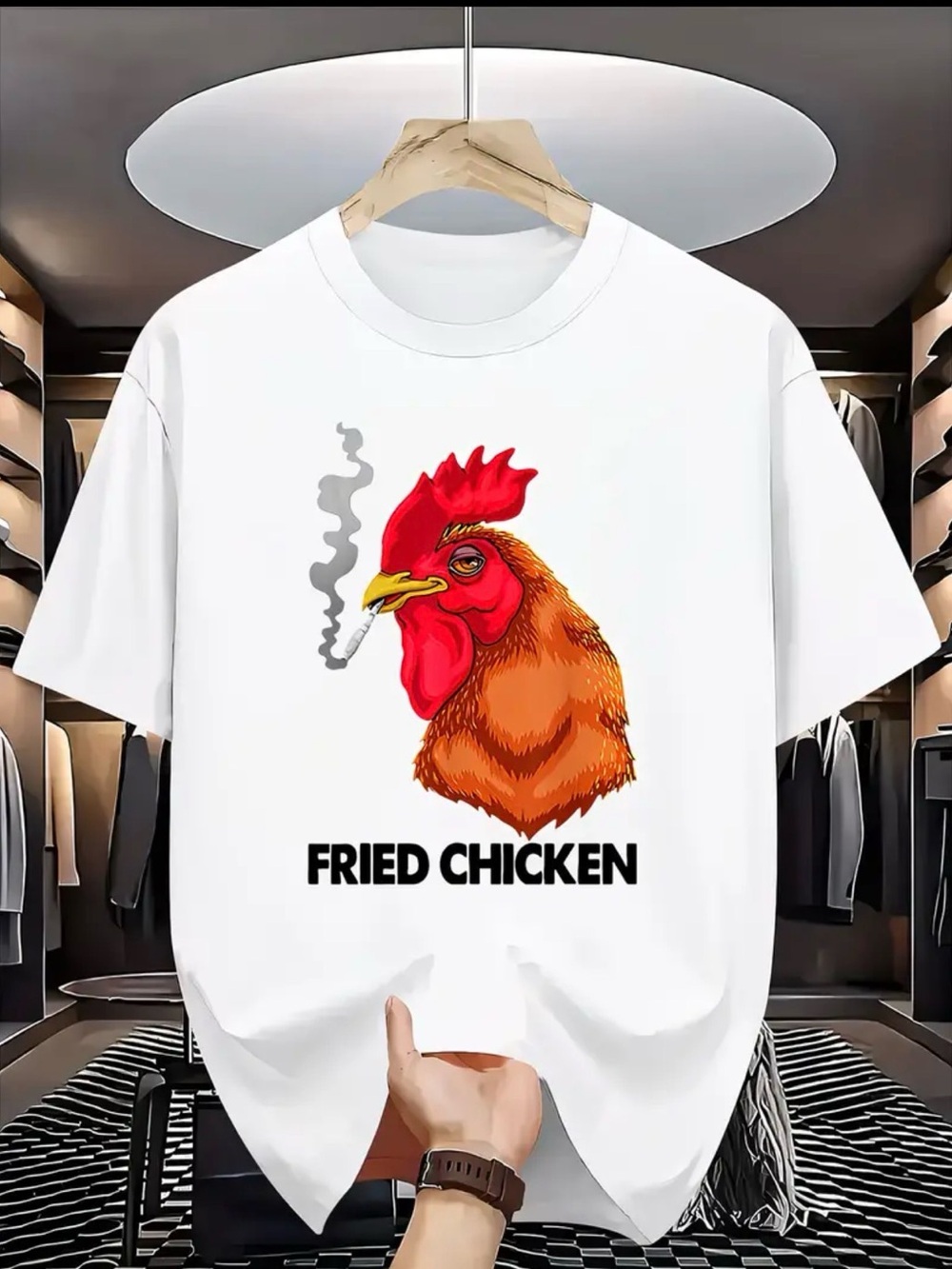 White Graphic T-Shirt with Smoking Rooster "Fried Chicken"